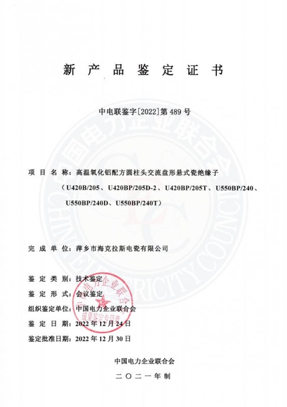 中國電力企業(yè)聯(lián)合會(huì )新產(chǎn)品鑒定證書(shū)